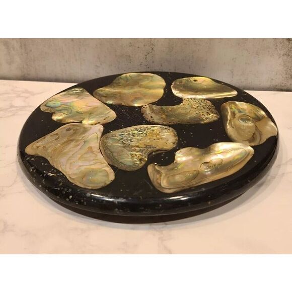 Vintage 8" Round Acrylic Lucite Abalone Sea Shell Footed Trivet Hot Plate | EUC - Picture 3 of 7
